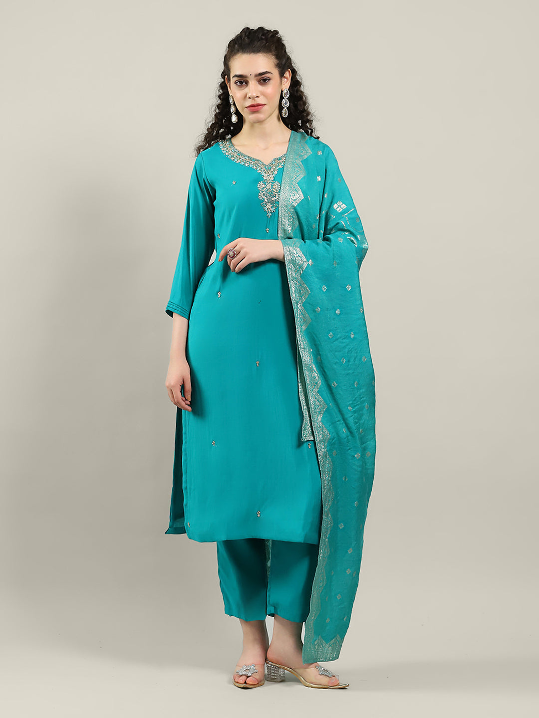 Printed Cotton Blend Kurta With Pants &amp; Dupatta