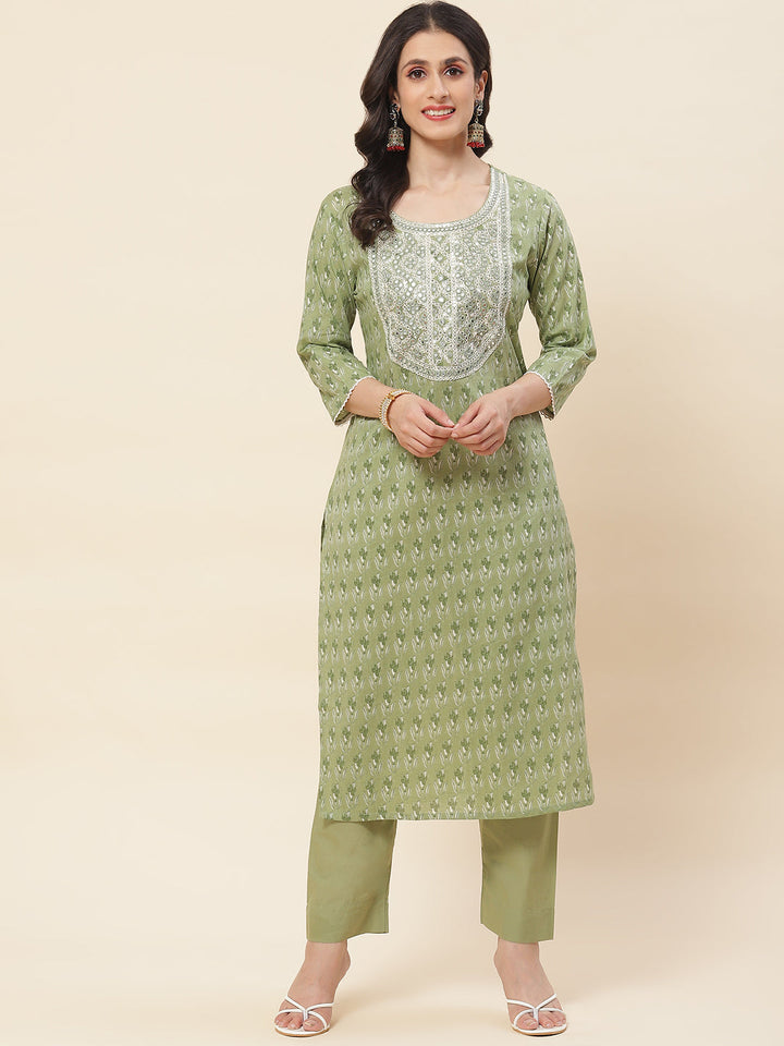 Printed  &amp; Neck Embroidered Cotton Kurta With Pants