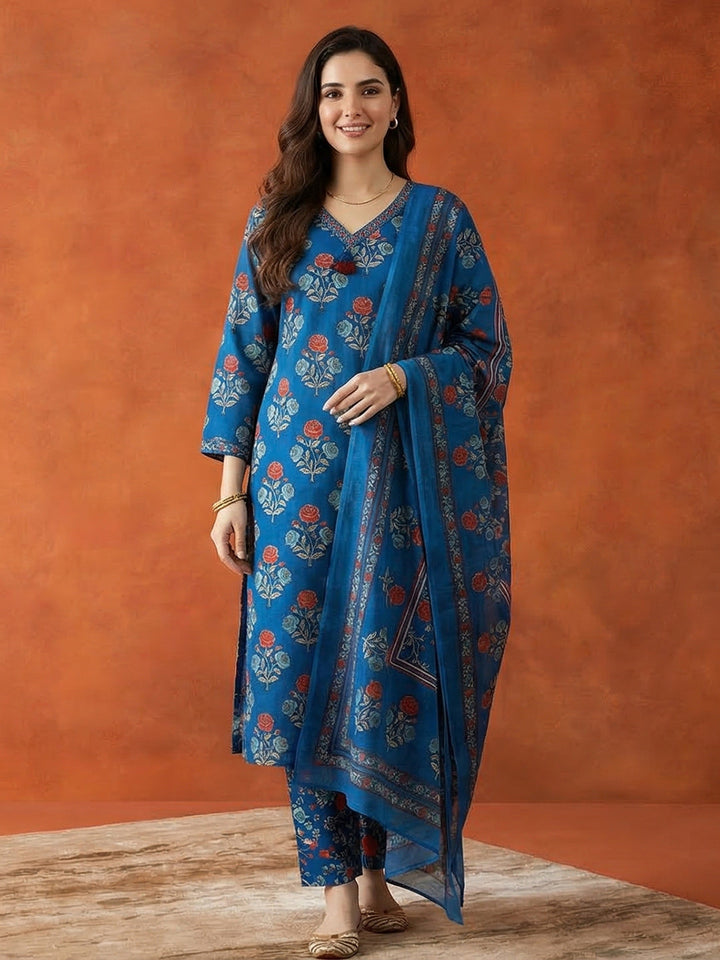 Printed Cotton Blend Kurta With Pant &amp; Dupatta