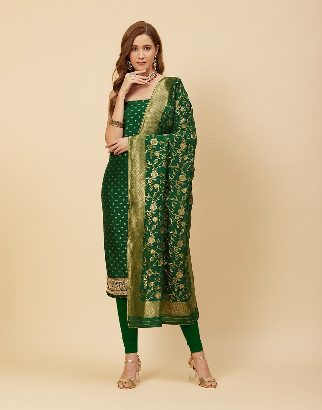 Woven Banarasi Embroidered Suit Piece With Dupatta