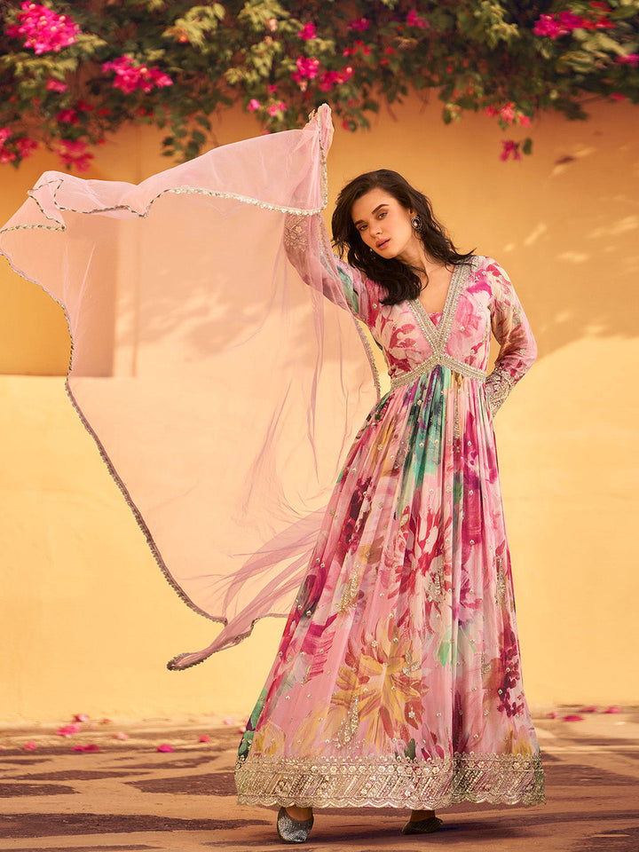 Printed &amp; Embroidered Chinon Gown With Dupatta