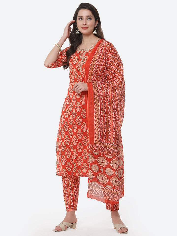 Printed Cotton Muslin Kurti With Printed Pant And Dupatta