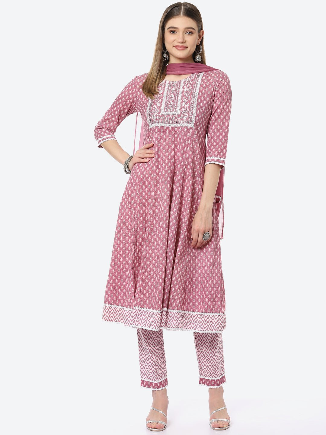 Resham Neck Booti  Printed Cotton A-line Kurta With Pant &amp; Chiffon Dupatta