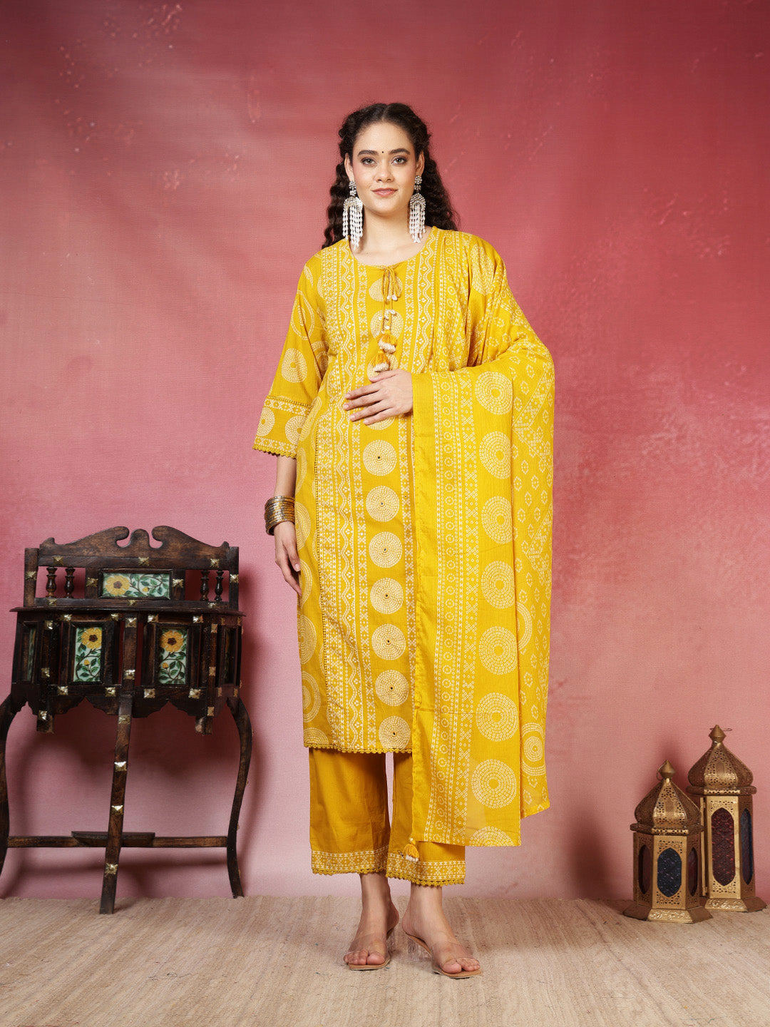 Mustard Cotton Blend Printed Straight Suit Set
