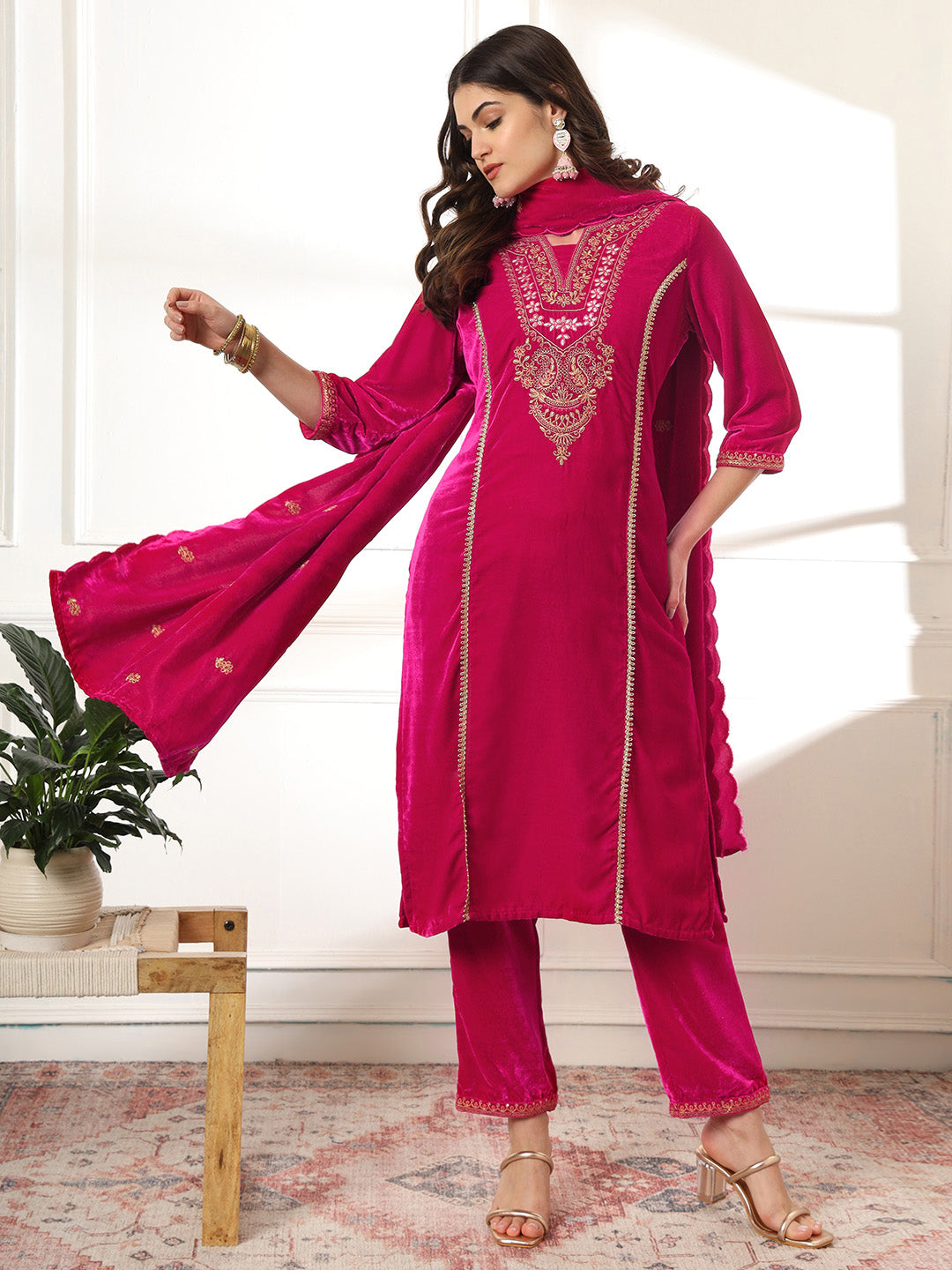 Zari Neck Embroidered Velvet Kurta With Pants &amp; Dupatta