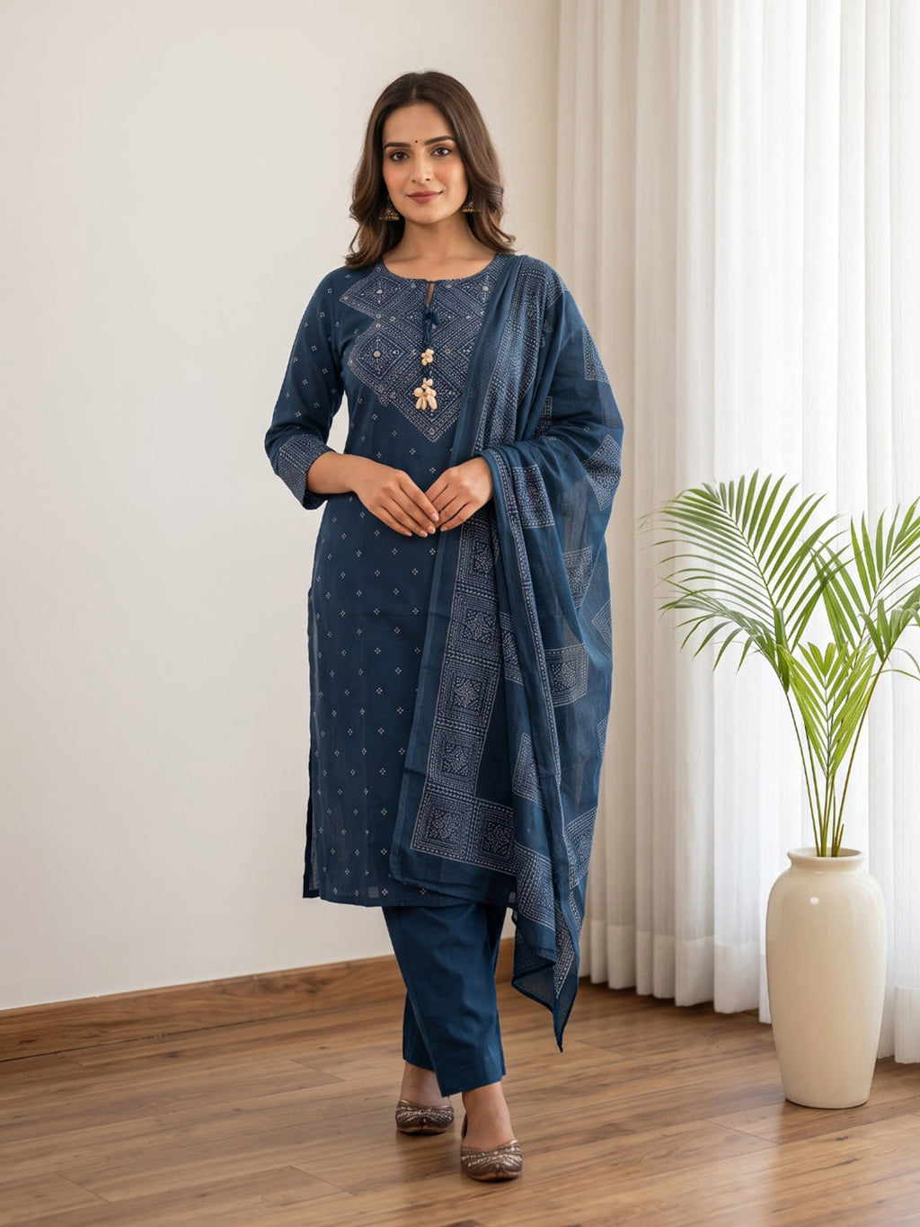 Blue Printed Cotton Blend Kurta With Pant & Dupatta
