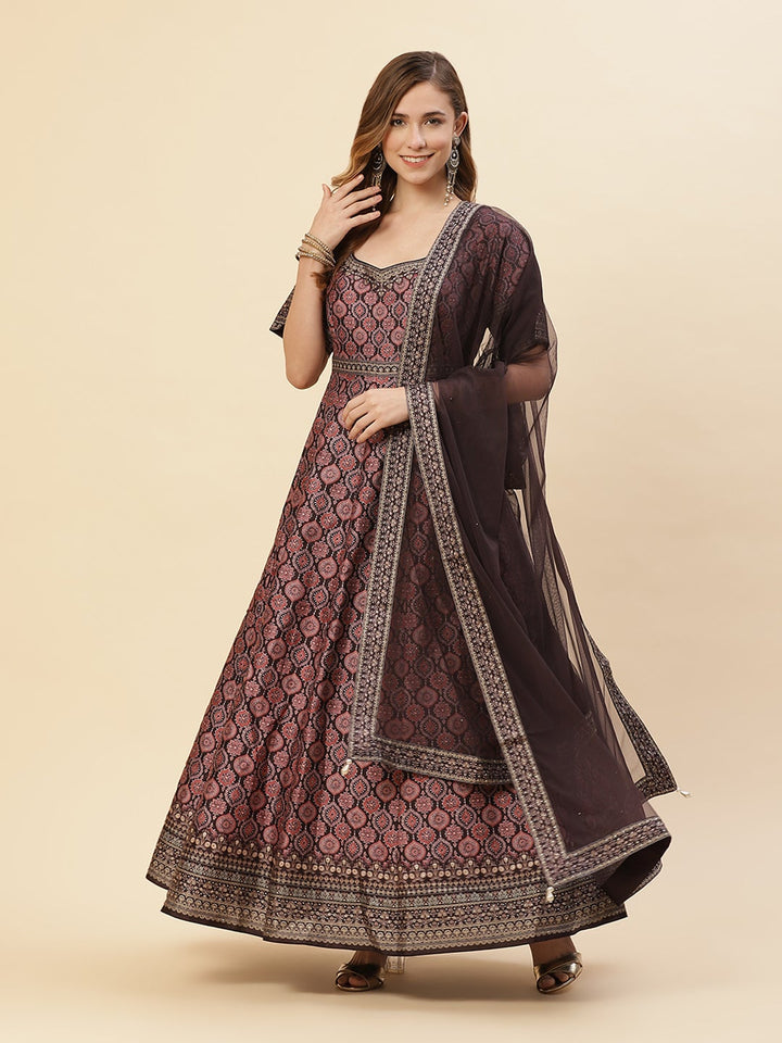 Digital Printed Art Tussar Anarkali Kurti With Chudidar And Net Dupatta