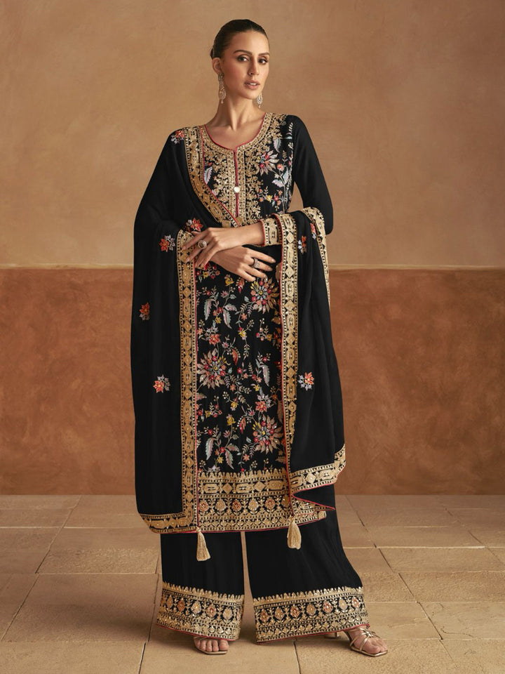 Embroidered Chinnon Kurta With Plazzo &amp; Dupatta