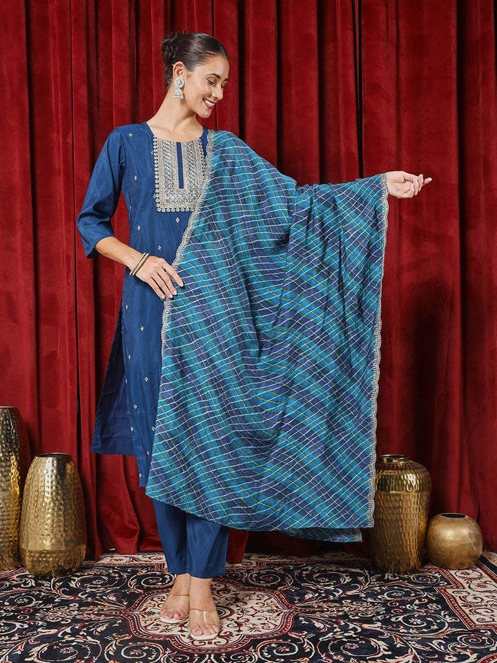 Printed Chanderi Kurta With Pants &amp; Dupatta
