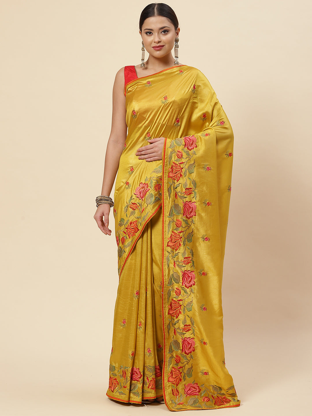Floral Booti Embroidered Crepe Saree