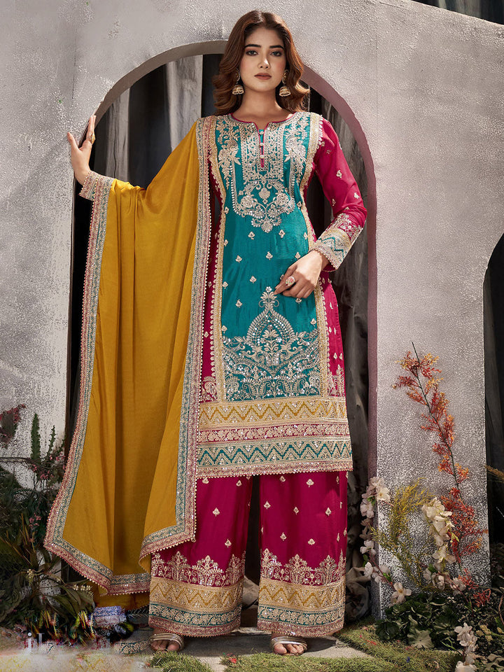 Embroidered Chinon Kurta With Plazzo &amp; Dupatta