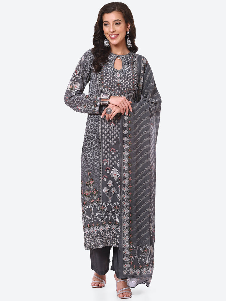 Digital Printed Crepe Kurta With Palazzo &amp; Georgette Dupatta