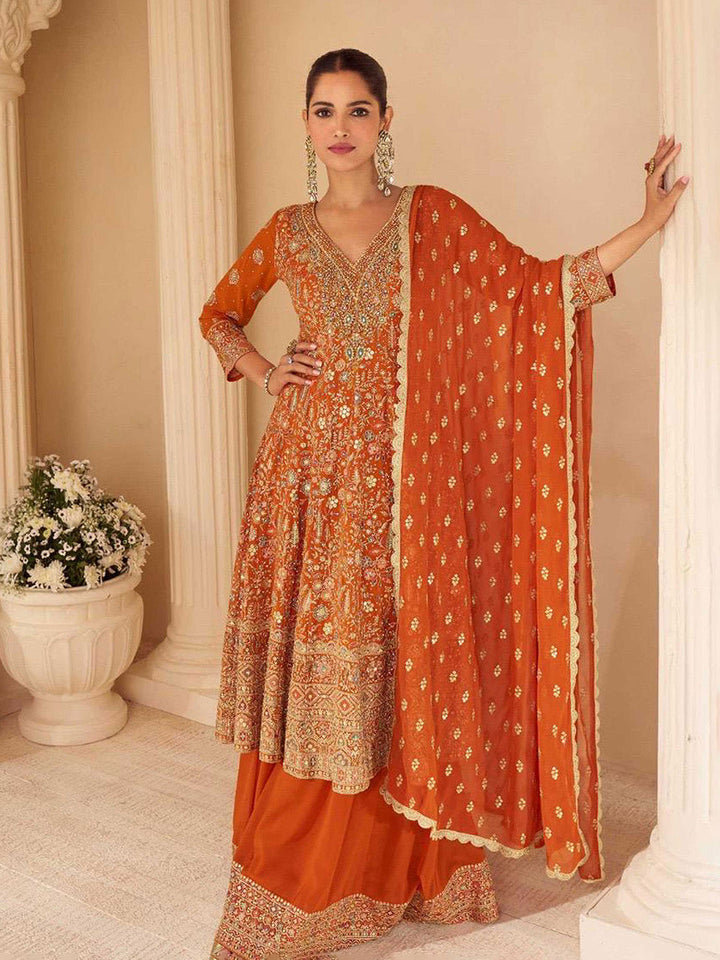 Embroidered Georgette Kurta With Gharara &amp; Dupatta