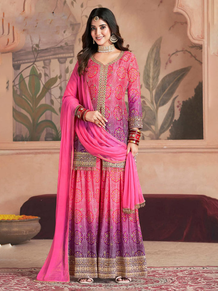 Embroidered Chinon Kurti With Plazzo &amp; Dupatta