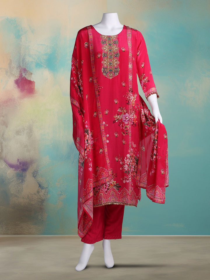 Printed With Embroidered Crepe Kurta With Pant &amp; Dupatta