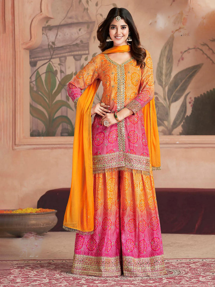 Embroidered Chinon Kurti With Plazzo &amp; Dupatta