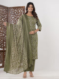 Green Embroidered Cotton Blend Straight Suit Set With Dupatta
