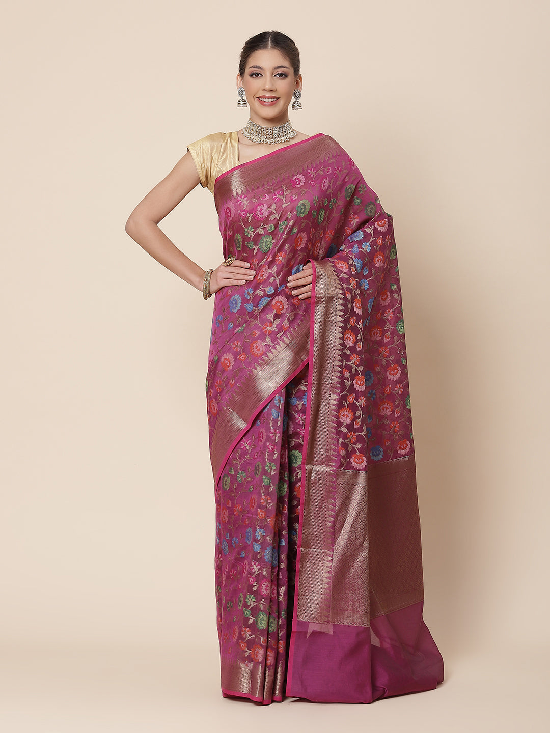 Floral Zari Jaal Cotton Woven Saree