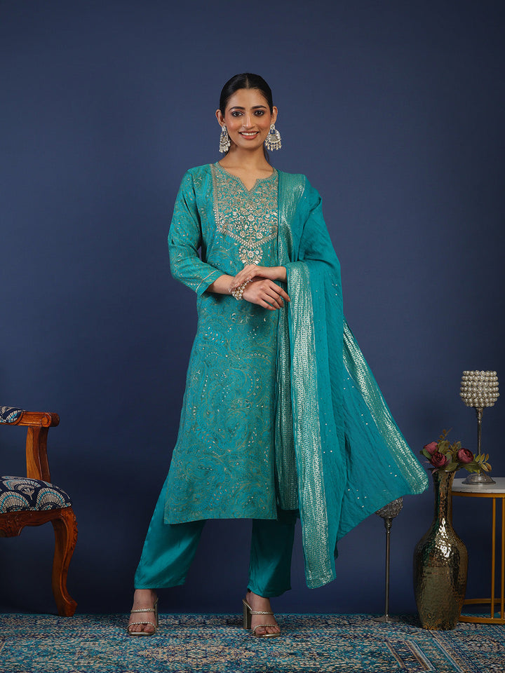 Printed Chanderi Kurta With Pant &amp; Dupatta