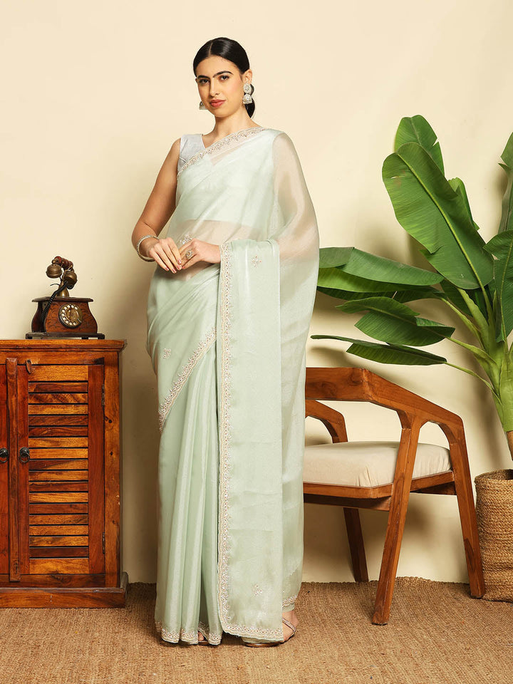 Stone &amp; Thread Embroidered Organza Saree