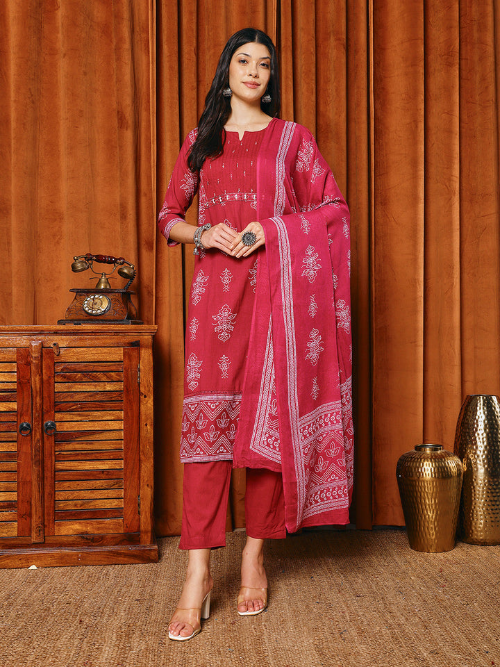 Printed Cotton Blend Kurta With Pants &amp; Dupatta