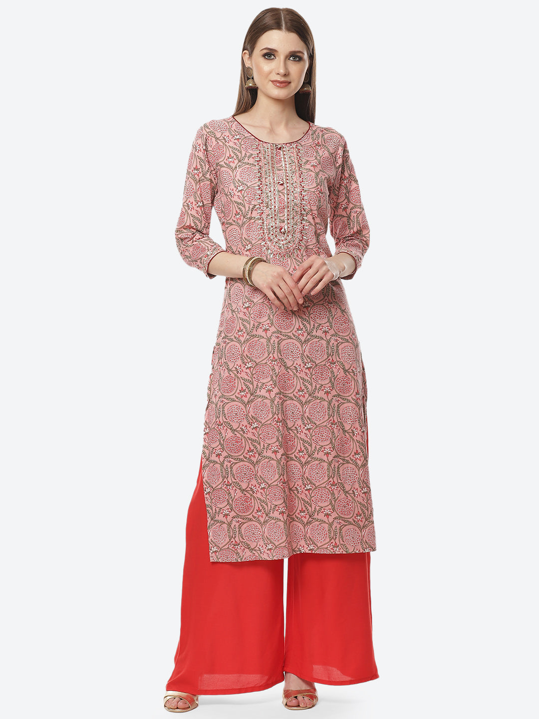 Printed Neck Embroidered Cotton Kurti