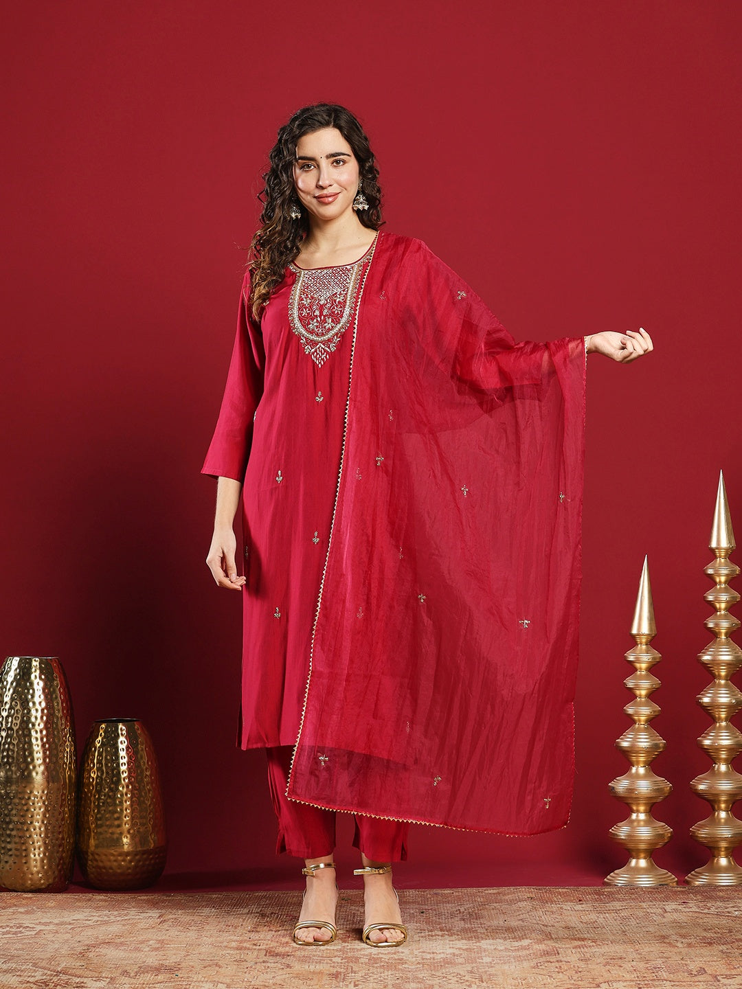 Embroidered Cotton Kurta With Pant &amp; Dupatta