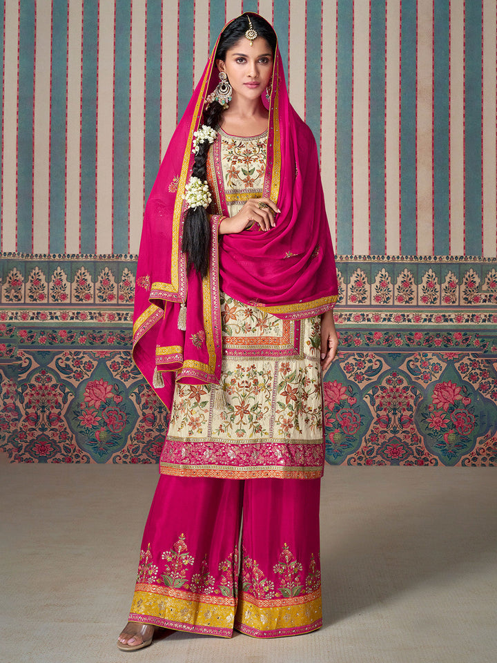 Embroidered Shimmer Silk Kurta With Plazzo &amp; Dupatta