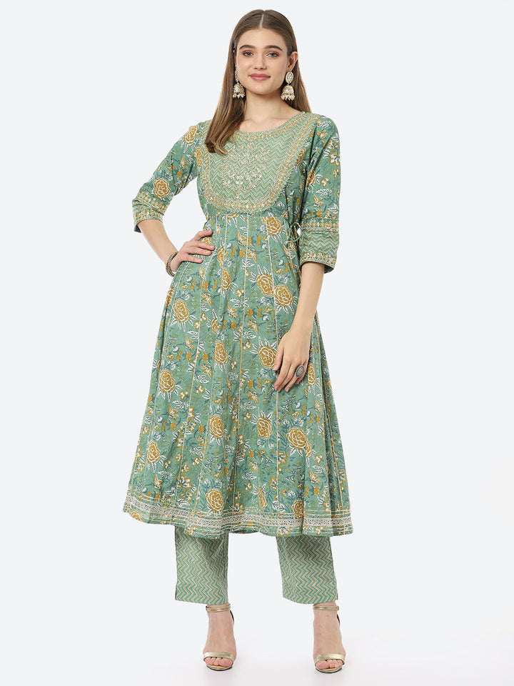 Zari Neck Embroidered Booti Printed Cotton Anarkali Kurta With Pant