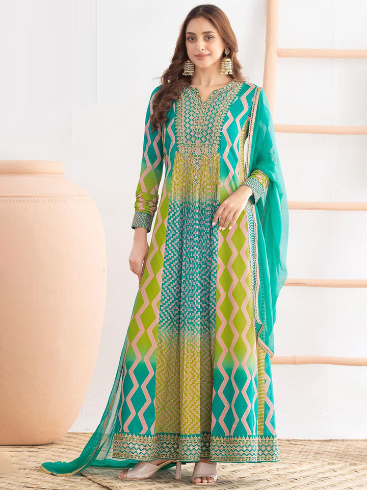 Embroidered Chinnon Gown With Dupatta
