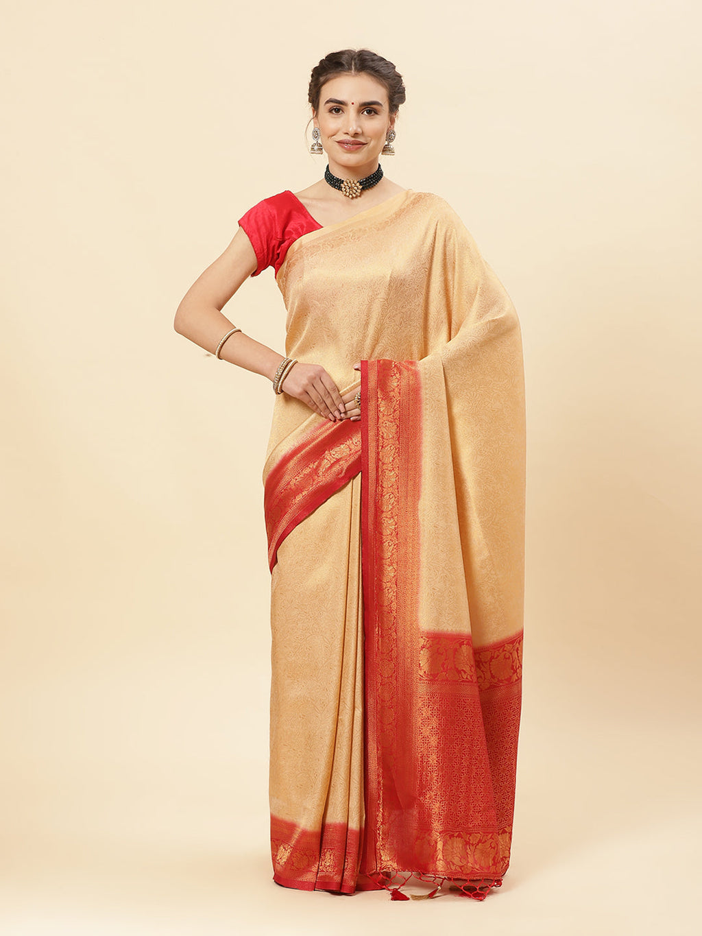 Brocade Zari Jaal Art Handloom Saree With Contrast Border