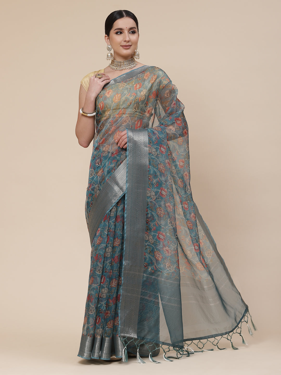 Floral Digital Printed Zari Border Organza Saree