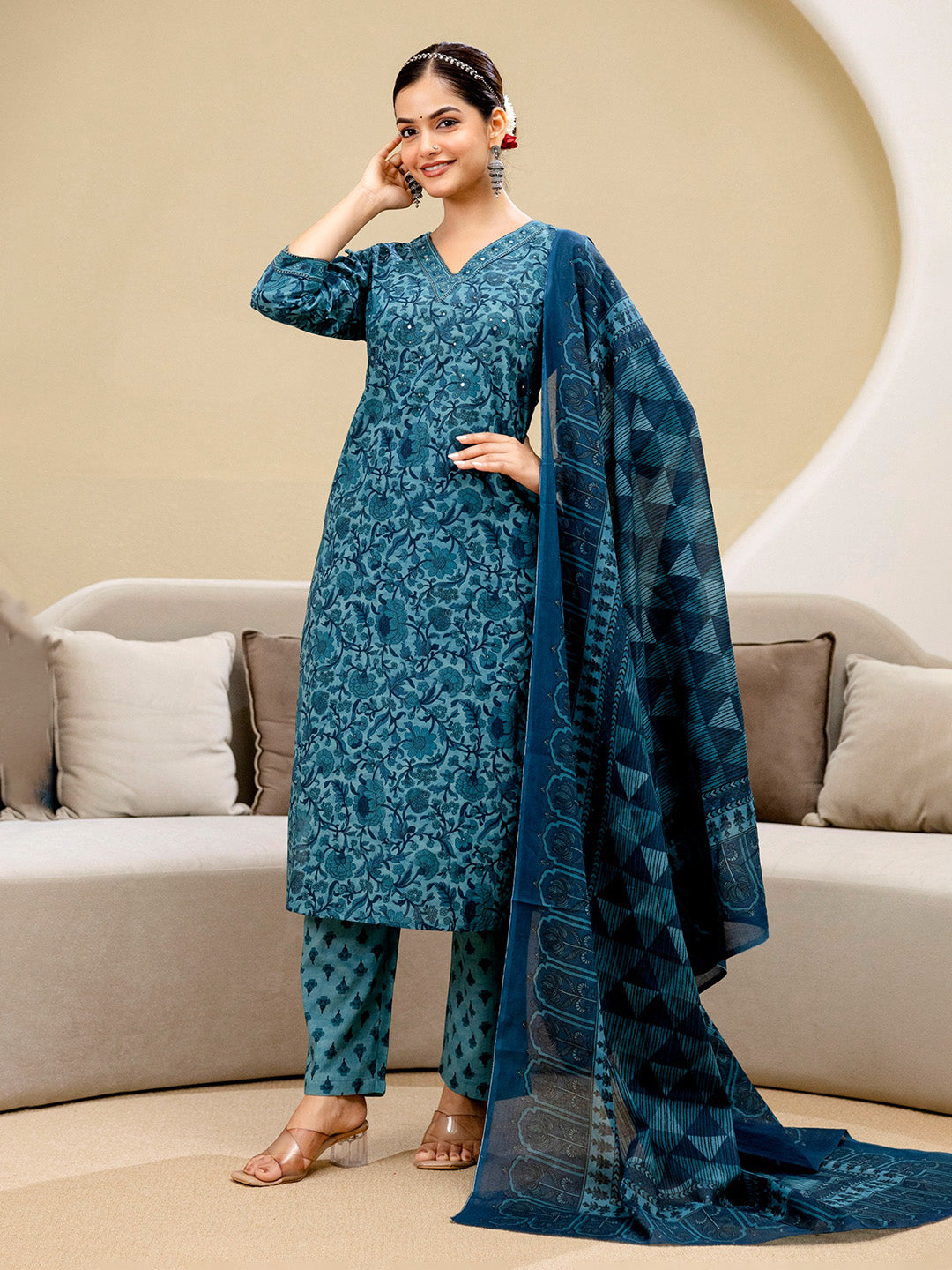 Printed Cotton Blend Kurta With Pants &amp; Dupatta