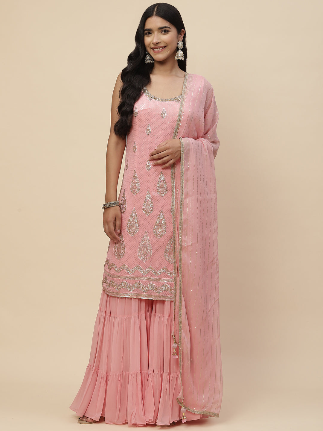 Sequin Embroidered Georgette Kurta With Sharara &amp; Dupatta