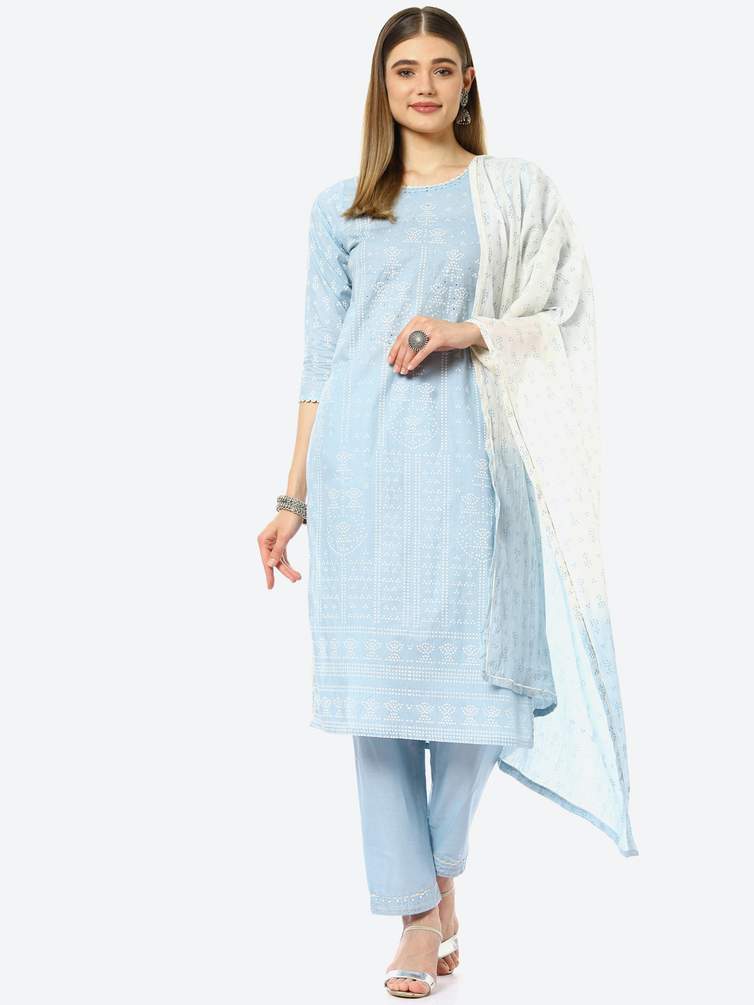 Bandhani Mirror Work Cotton Kurta With Pant &amp; Cotton Dupatta