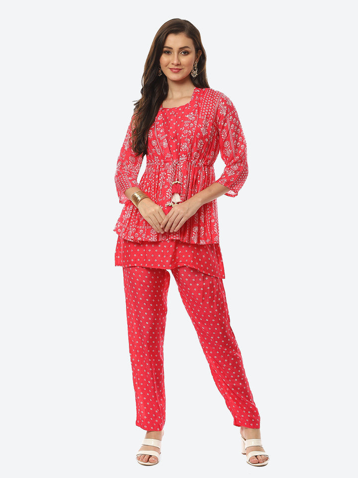 Floral Printed Muslin Kurti With Pant &amp; Jacket