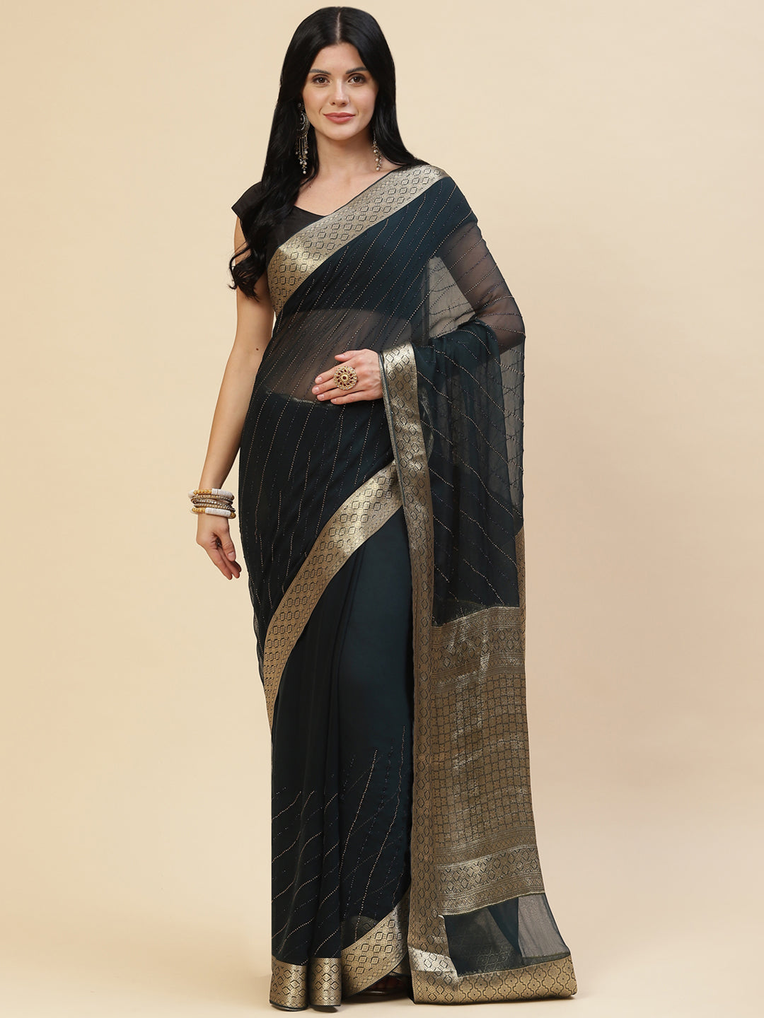 Stone Work Chiffon Plain Saree