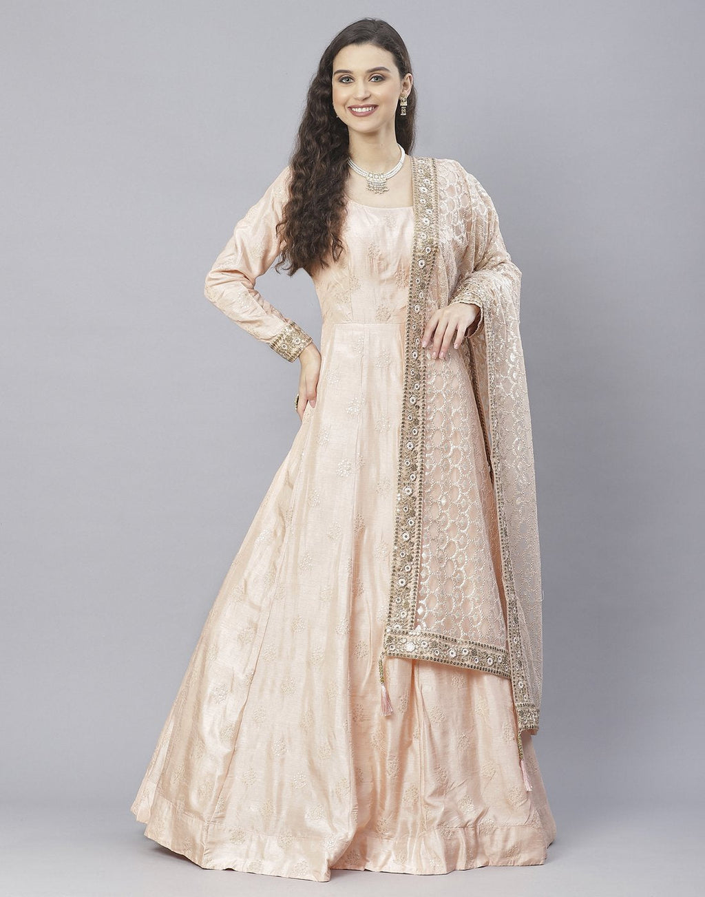 Peach, Sky Blue and Yellow Cotton Chanderi Anarkali Salwar Kameez