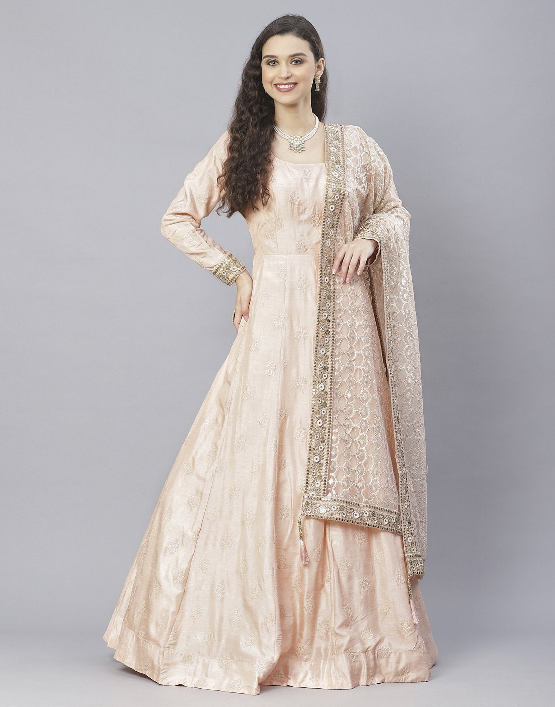 Peach, Sky Blue and Yellow Cotton Chanderi Anarkali Salwar Kameez