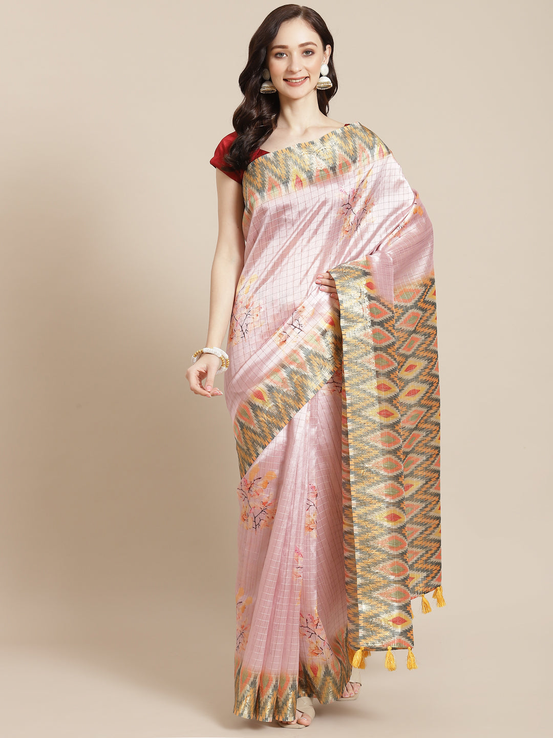 Floral Digital Printed Zari Border Art Handloom Woven Saree