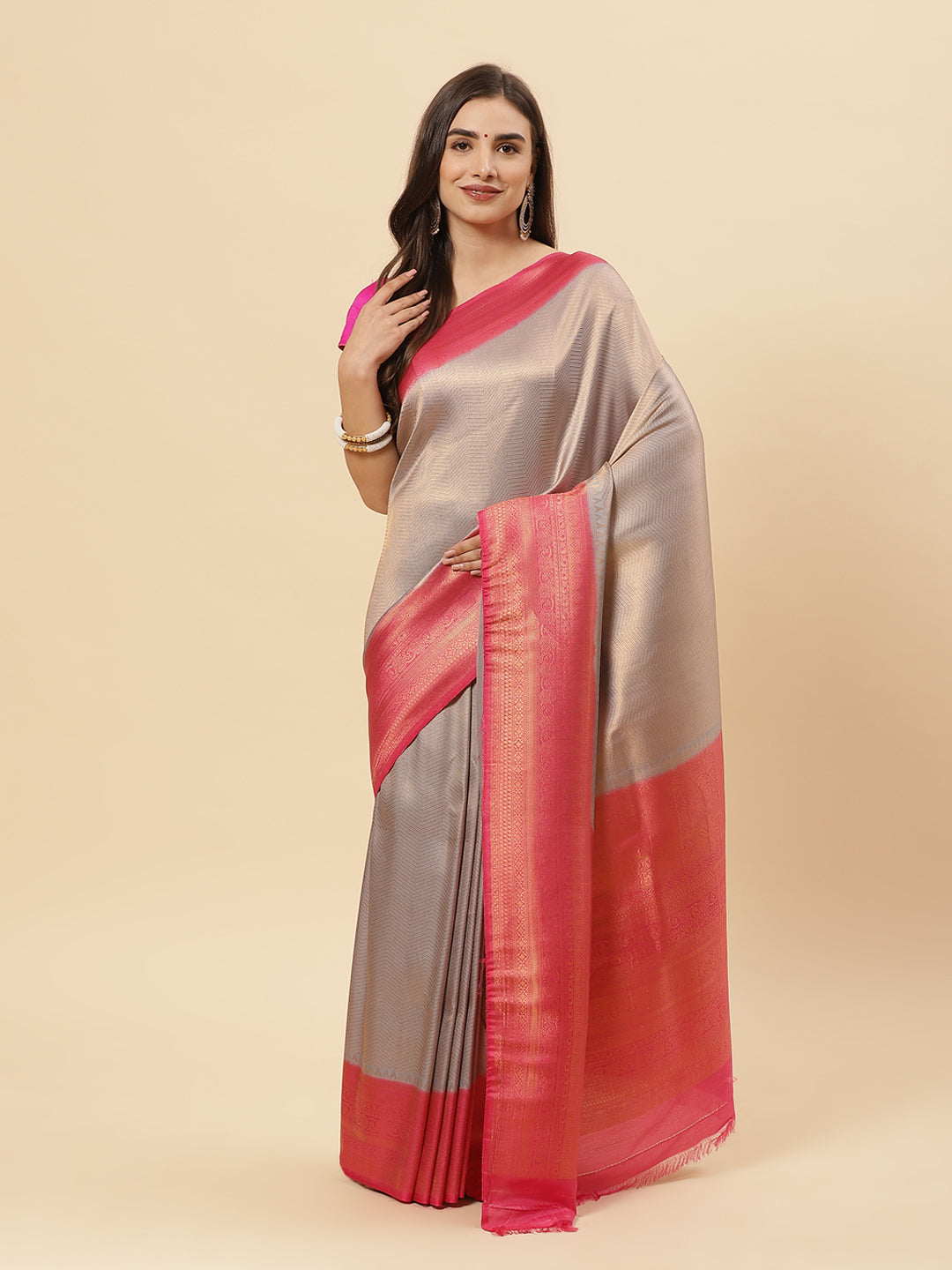 Brocade Zari Jaal  Art Handloom Saree With Contrast Blouse
