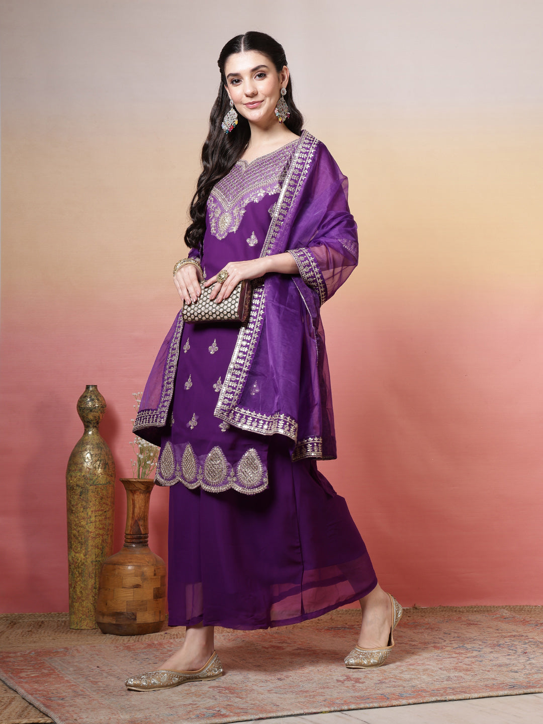 Embroidered Georgette Kurta With Sharara &amp; Dupatta