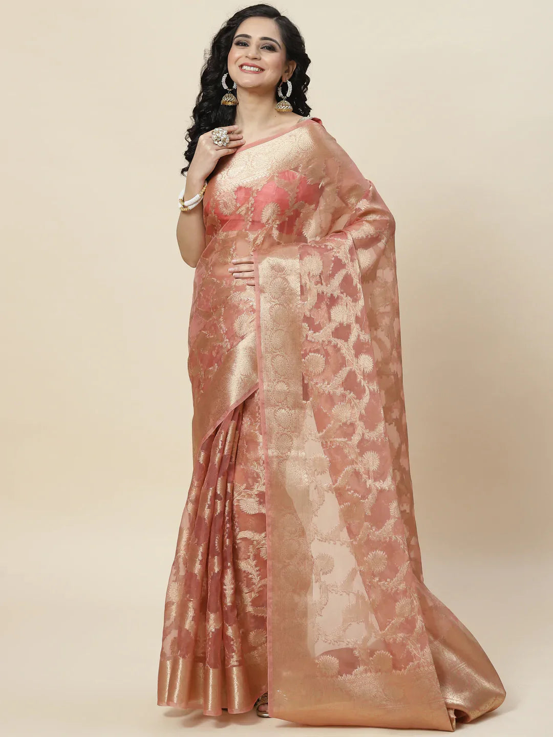 Floral Zari Jaal Organza Plain Saree