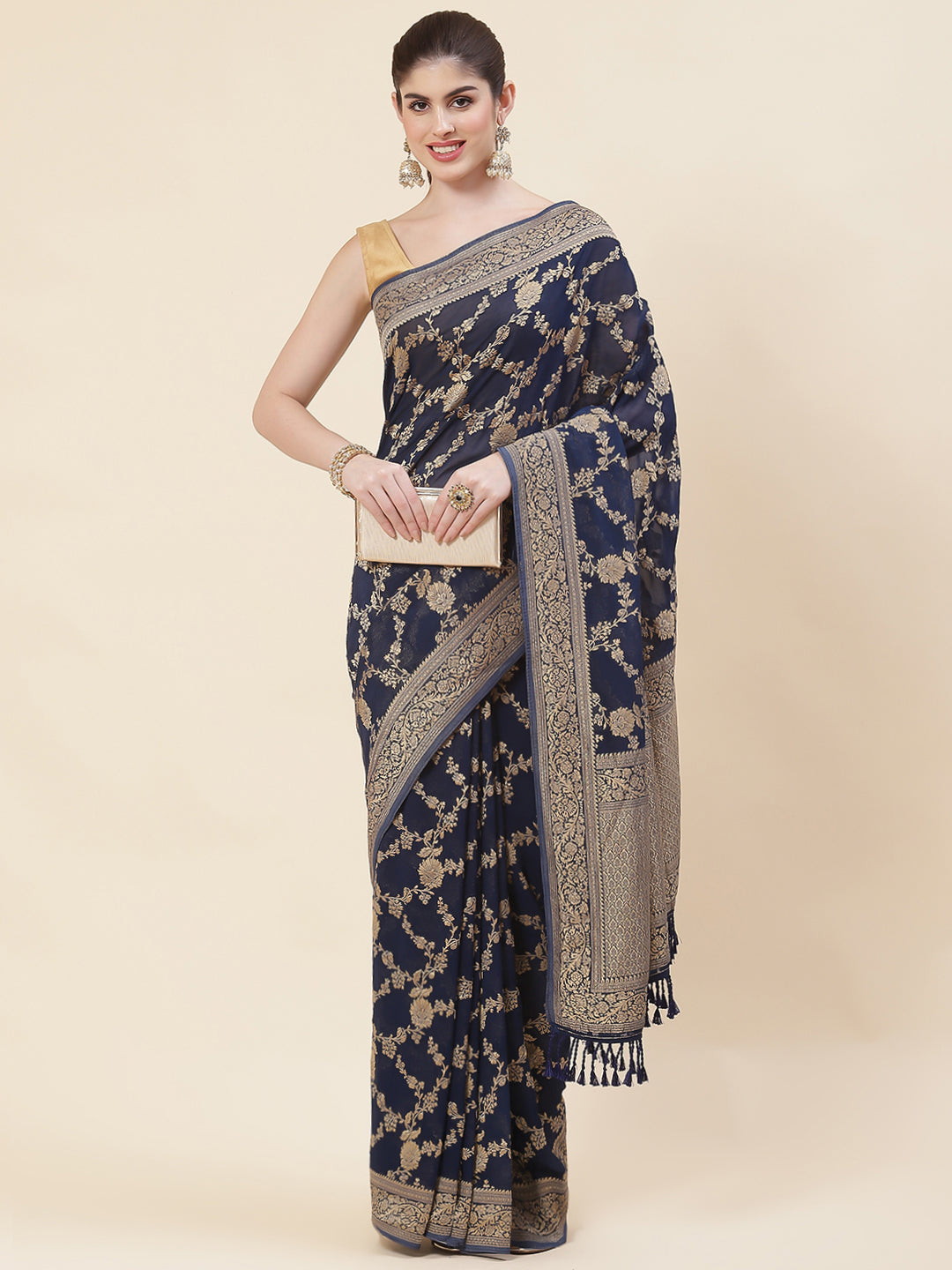 Floral Zari Jaal Georgette Plain Saree