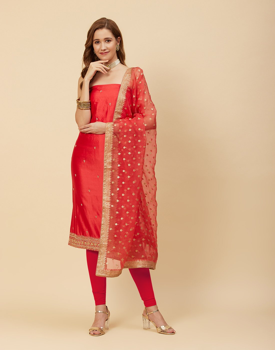 Embroidered Handloom Dupion With Organza Dupatta