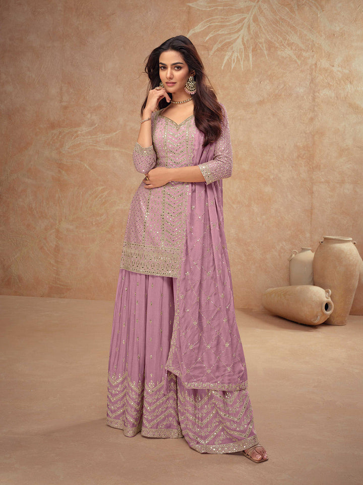 Embroidered Chinon Kurta With Pants &amp; Dupatta