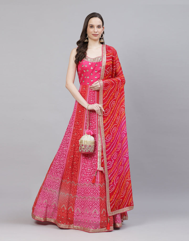 Mirror Work Georgettte Stitched Anarkali Salwar Kameez With Bandhani Printed Dupatta