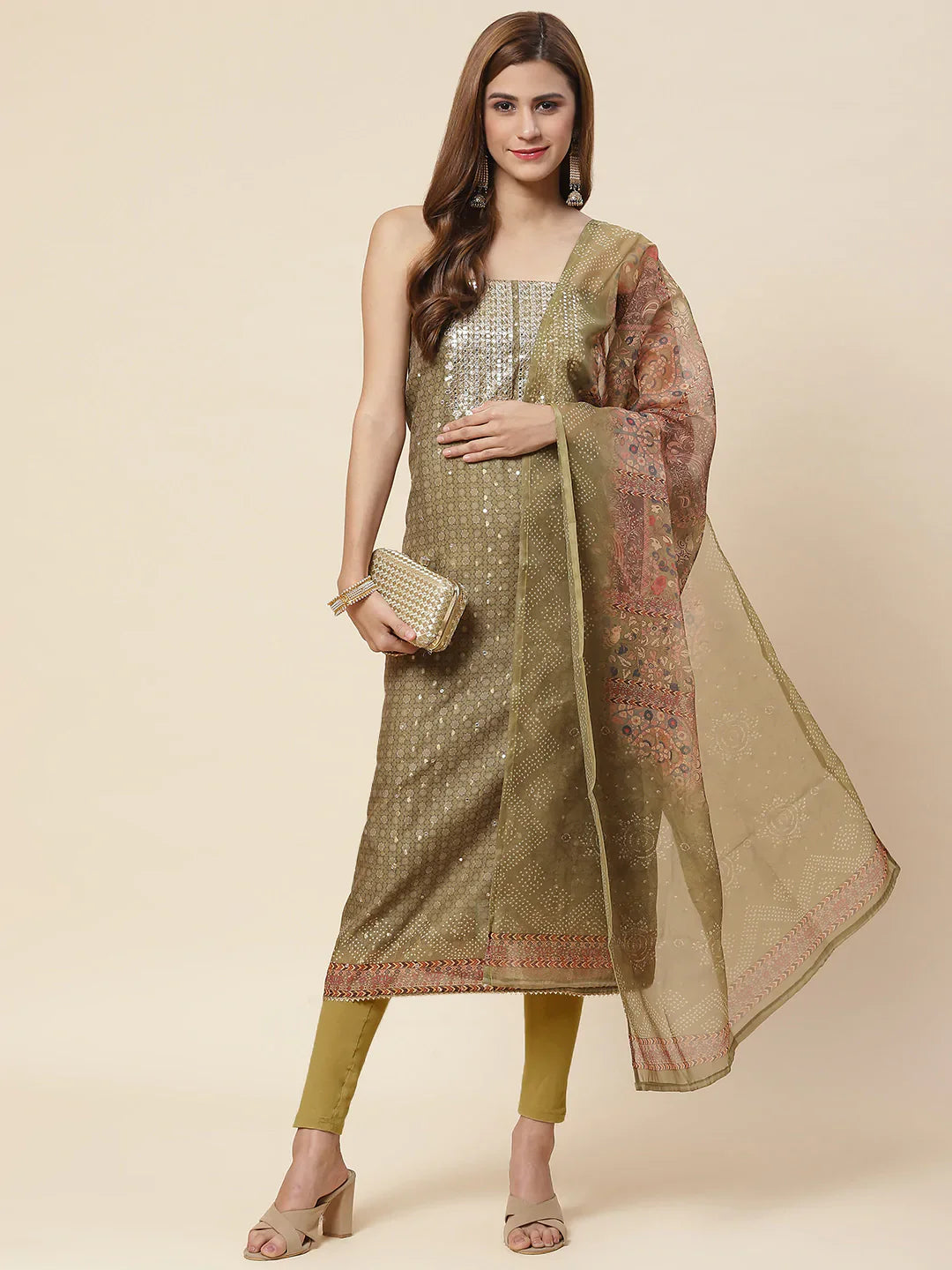 Neck Embroidered &amp; Printed Chanderi Unstitched Suit Piece With Dupatta