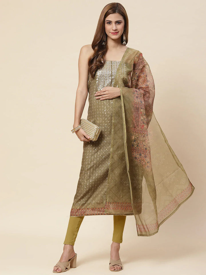 Neck Embroidered &amp; Printed Chanderi Unstitched Suit Piece With Dupatta