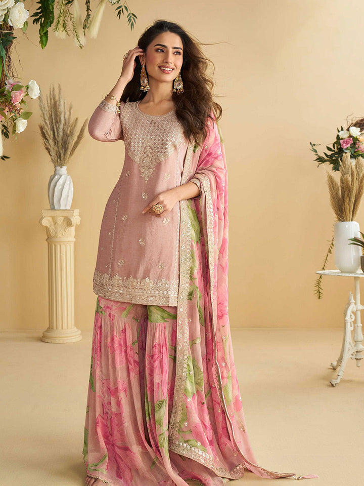 Embroidered Chinon Suit With Pant &amp; Dupatta